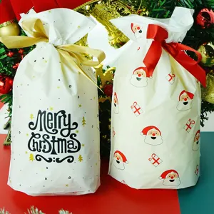 Christmas Drawstring Gift Bag Cartoon Santa Claus Merry Letter Print EVA Candy Goodie Bag Ribbon Bow Holiday Packaging Pouch