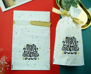 Christmas plastic gift bags with gold drawstring and merry christmas print for party candy packaging.