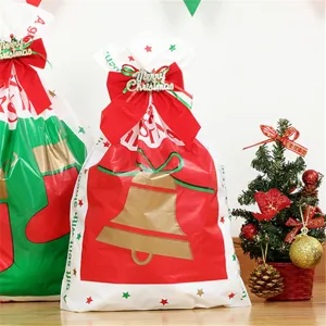 Christmas Bell Print Plastic Packaging Bag Holiday Treats Gift Wrap Handle Pouch For Bakery Cake Dessert Candy Pack Event Supplies