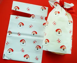 Christmas Santa Claus gift plastic bags candy packaging pouches with red ribbons for holidays.