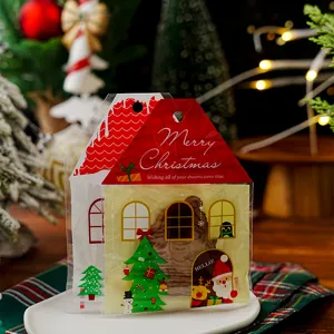 Christmas house shaped self-adhesive plastic packaging bags for cookies gifts and jewelry items.