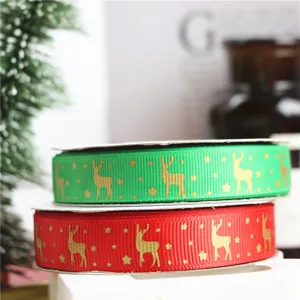 Christmas gift packaging ribbon, gold reindeer satin ribbon for decoration, 1.6cm wide.