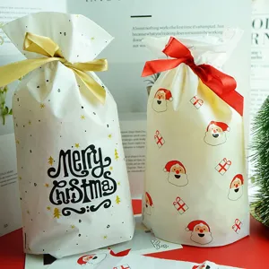 Christmas plastic candy gift bags with drawstring and ribbon, 50pcs festive packaging pouch