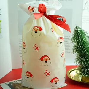 Christmas Santa Claus pattern drawstring plastic gift candy bags with red ribbon 50pcs