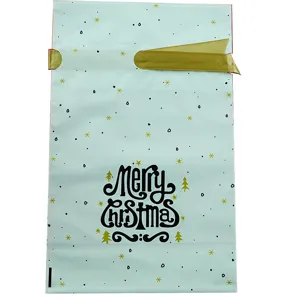 Christmas plastic gift bags with gold ribbon drawstring candy packaging bags for holiday party.