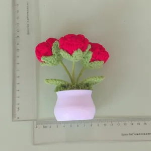 Handmade crochet rose potted plant desktop ornament detailed size display photo
