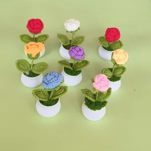 Handmade Crocheted Rose Potted Plant Woolen Yarn Woven Flower Ornament For Graduation Home Decor Indoor Tabletop Decoration