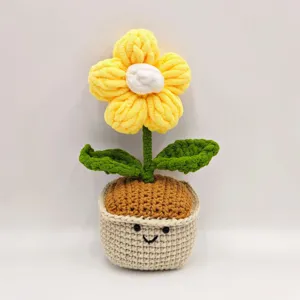 Handmade crochet flower pot detail, cute smiling face potted plant home decor ornament