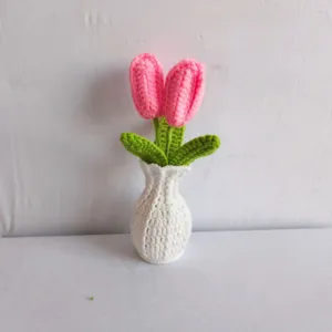 Handmade crochet tulip potted plant in white vase, cute home decor gift for new year.