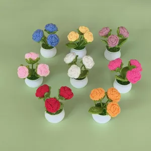 Handmade Crochet Rose Potted Plant Artificial Knitted Flower Desktop Ornament Home Decor Valentine Day Gift