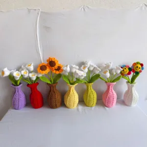 Handmade Crochet Yarn Flower Potted Plant Cute Sunflower Lily Knitted Bouquet Home Decor Table Ornament