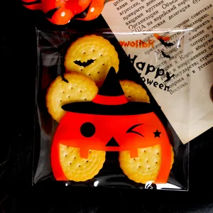 Halloween self-adhesive cookie candy packaging bag with cute pumpkin pattern design.