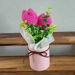 Handmade crochet tulip flower bouquet in pink ceramic pot cute knit decor gift