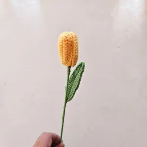 Handmade crochet yellow tulip flower finished product, knitted yarn floral decor for gifts.