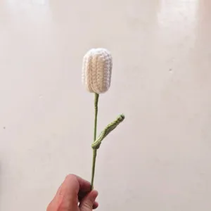 Handmade crochet white tulip knitted flower single stem indoor decor detail view craft gift