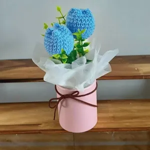 Handmade crochet tulip flower bouquet in pink pot, lovely knitted home decor and gift.