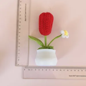 Handmade crochet red tulip potted plant artificial flower home decor desktop ornament gift