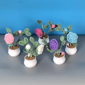 Handmade Crochet Rose Potted Plant Artificial Knitted Flower Ornament With Lace Pot Pastoral Home Decor