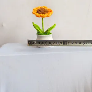 Handmade crochet sunflower potted plant, cute wool knitted flower decor for home office.