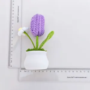 Handmade crochet tulip potted plant detail shot, showing size with ruler, cute home decor gift.