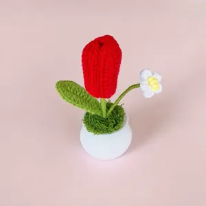 Handmade Knitted Crochet Wool Tulip Potted Plant Artificial Flower Home Decor Graduation Teacher Day Gift