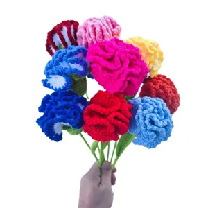 Handgemachte Häkel-Nelken-Blumenstrauß Detailansicht, bunte Wollstrick Dekoration.