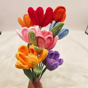 Handmade crochet tulip flower bouquet colorful knitted artificial flowers for home decor gift.