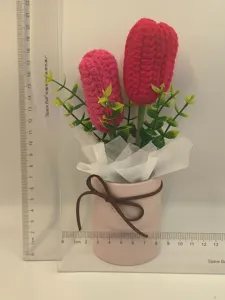 Handmade crochet tulip potted plant, knitted flower gift for graduation and home decor.