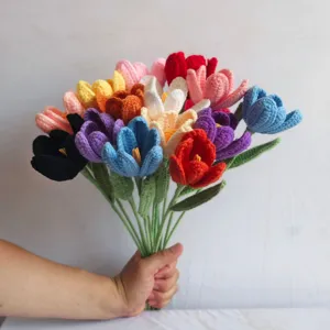 Handmade crochet tulip flower bouquet, colorful yarn artificial flowers for home decor gift.