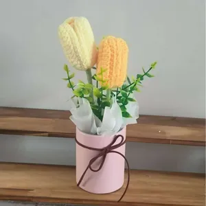 Handmade crochet tulip bouquet in pink pot gift home decor knit artificial flower set