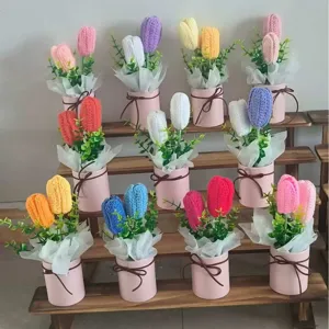 Handmade crochet tulip potted plant finished graduation gift home decor table display.