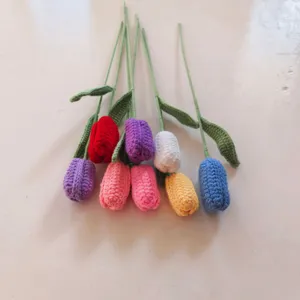 Handcrafted crochet tulip bouquet woolen knitted artificial flowers for home decor gift.