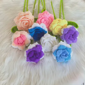 Handmade Crochet Knitted Rose Artificial Flower Wool Yarn Rose Flower For Valentine Day Home Party Decor Gift