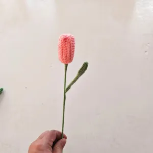 Handcrafted crochet pink tulip flower finished product yarn knitted artificial flower decor.