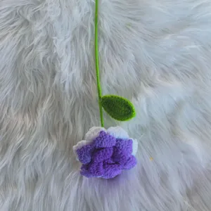 Handmade crochet rose flower with stem and leaf, cute knitted floral decor for gifts