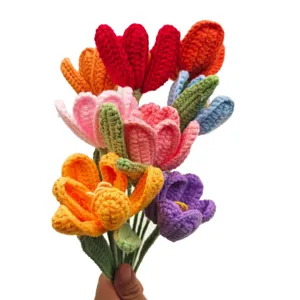 Handmade crochet tulip bouquet detail, colorful knitted flower gift for special days.