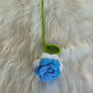 Handmade crochet rose flower knitted gift home decor blue and white stem decoration