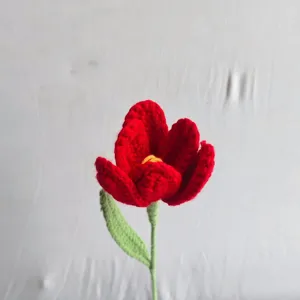 Handmade crochet red tulip flower, knitted bouquet gift for Valentine's Day and home decor.