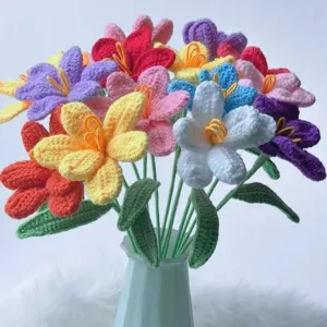 Handmade crochet flower bouquet detail, colorful knitted floral arrangement for decor.