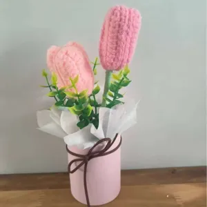 Handmade crochet pink tulip bouquet in gift bucket artificial knitted flower decor