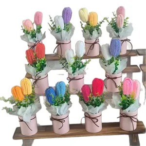 Handcrafted crochet tulip potted plant finished product gift for graduation and home decor display.