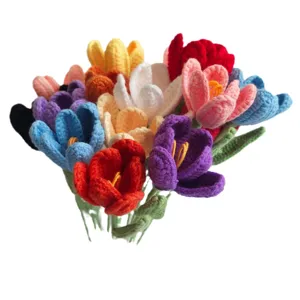Handmade crochet flower bouquet, colorful knitted yarn tulips and floral gifts for home decor.