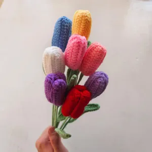 Handmade crochet tulip yarn bouquet, colorful knitted artificial flowers for home decor gift.
