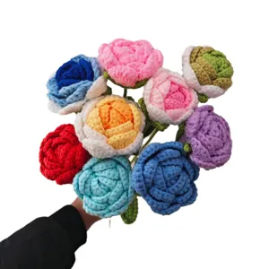 Handmade Crochet Rose Bouquet Knitted Artificial Flowers Romantic Valentines Day Gift