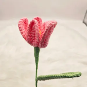 Handcrafted crochet tulip flower single stem artificial knit pink plant bouquet for home decor