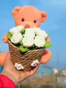 Handmade crochet bear flower bouquet knit rose basket gift for birthday graduation decor.