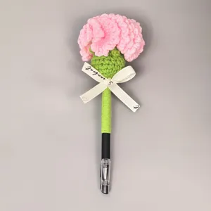 Handmade crochet carnation gel pen detail, cute floral stationery gift, black ink pen.