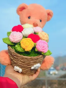 Handmade crochet bear flower bouquet plush toy gift for birthday graduation desktop decor
