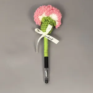 Handmade Crochet Carnation Gel Pen Cute Knitted Flower Ballpoint Pen Creative Gift
