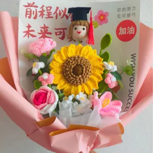 Handmade Crochet Sunflower Bouquet Graduation Gift Artificial Flower Knitted Eternal Flower Home Decor Present